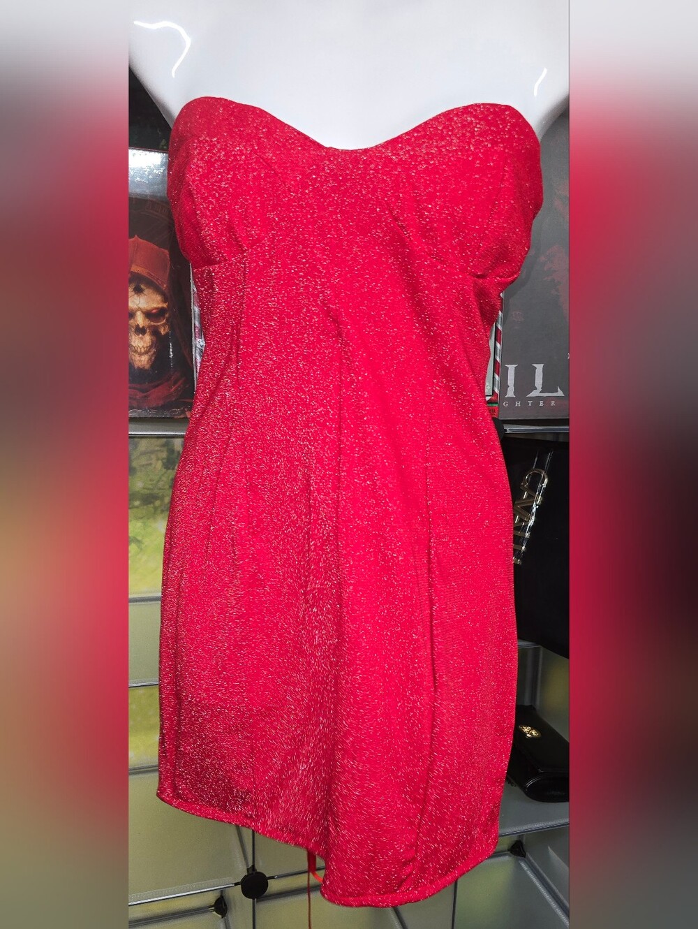 #89 Brand Red Strapless Sparkle Mini Dress